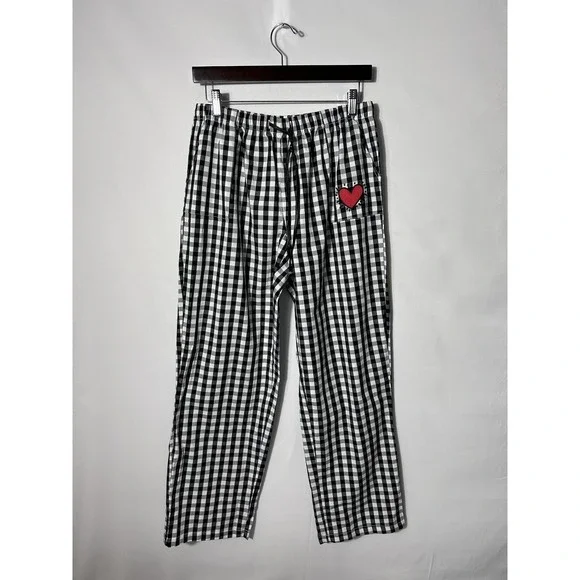 Keith Haring Pajama Set Womens Medium Black Gingham Check Heart Love Cotton - Picture 8 of 15